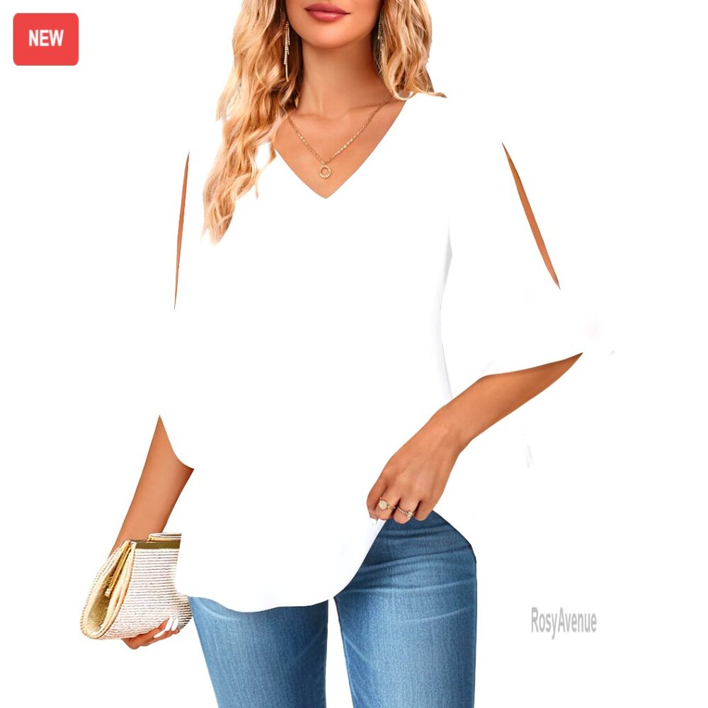 Ruffle 3/4 Sleeve V-Neck Chiffon Blouse Double Layer Dressy Top